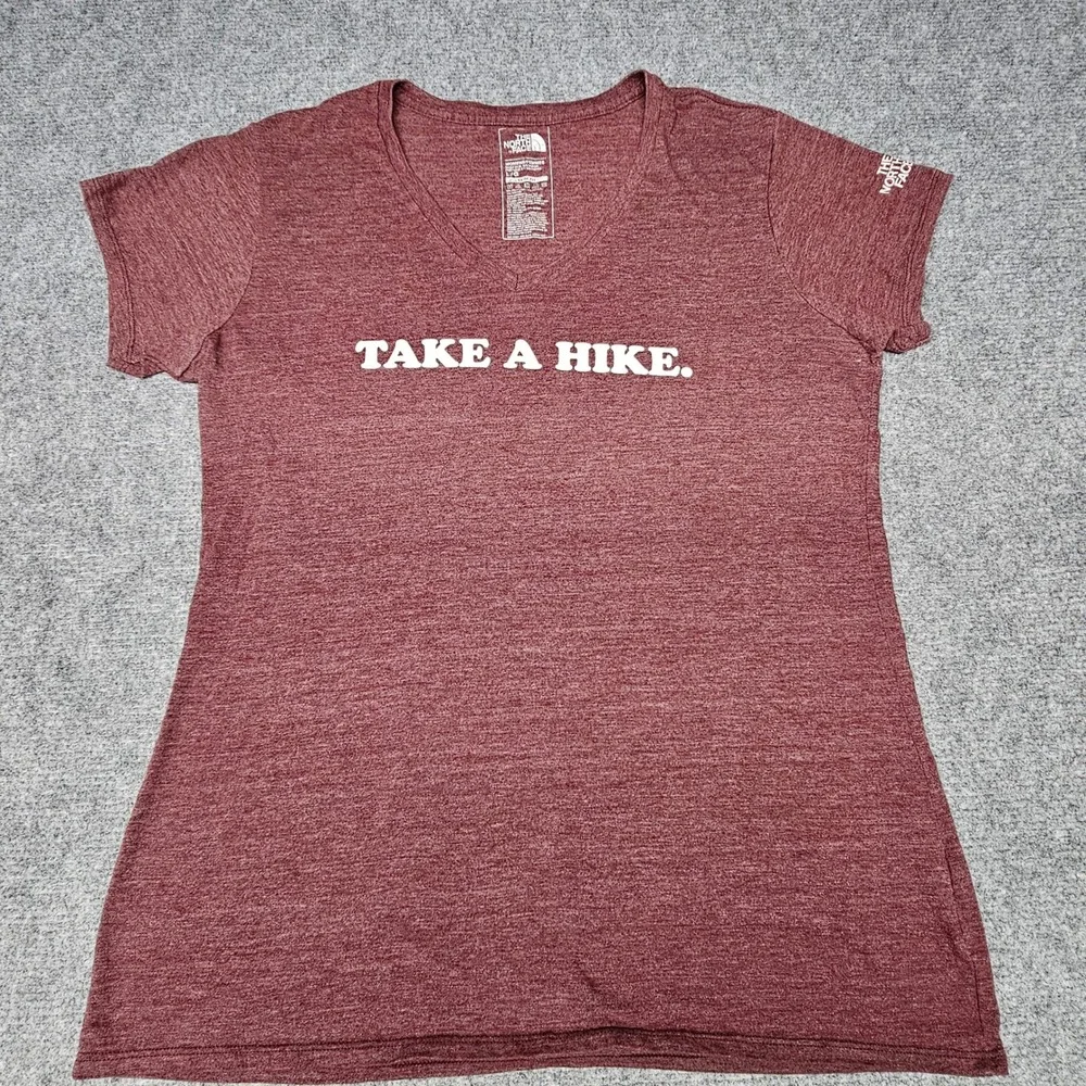 The North Face T-Shirt Womens L Red Take A Hike Graphic V-Neck Outdoor Gorpcore